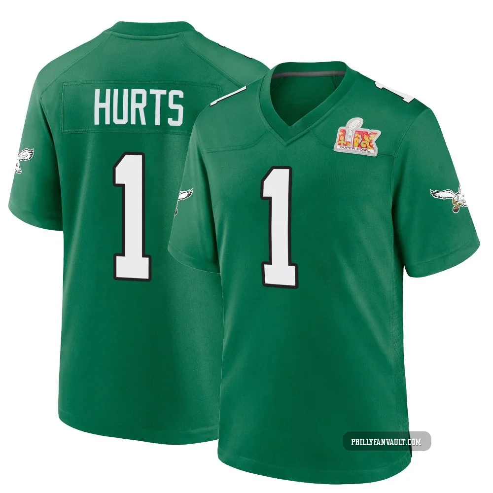 Men's Jalen Hurts ＃1 Philadelphia Eagles Green Game Kelly Alternate Super Bowl LIX Jersey