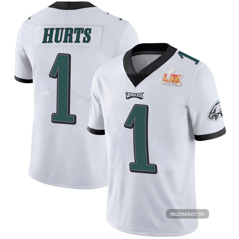 Men's Jalen Hurts ＃1 Philadelphia Eagles White Limited Vapor Untouchable Super Bowl LIX Jersey