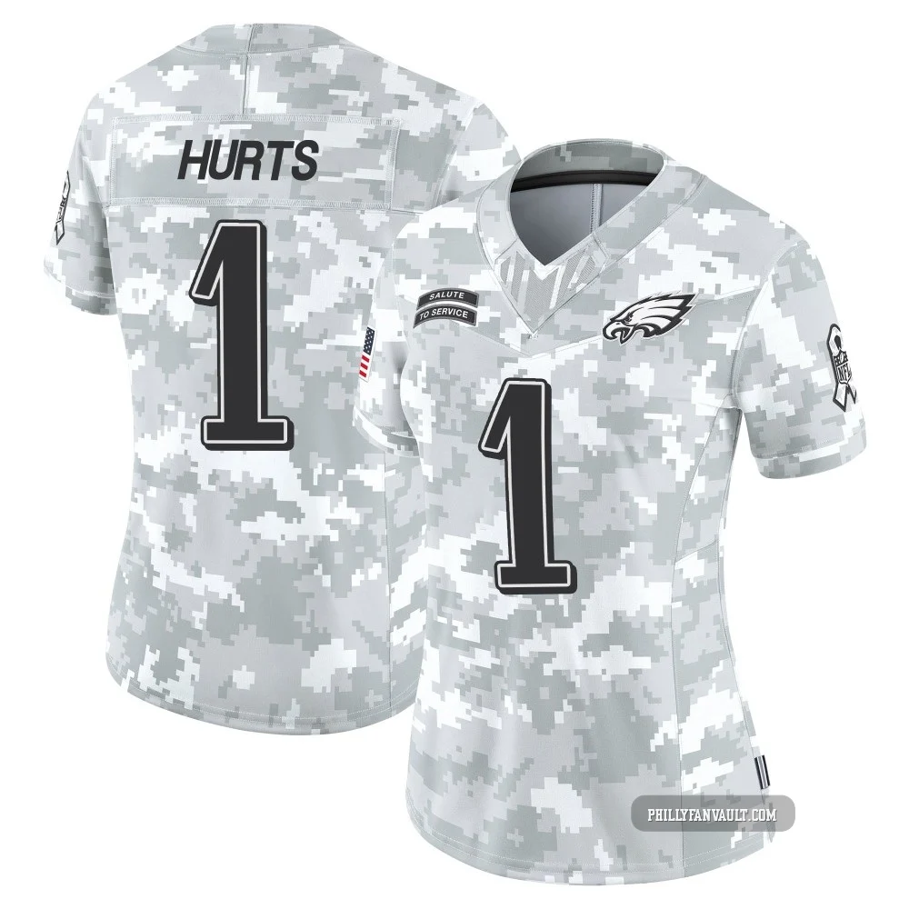 Women's Jalen Hurts ＃1 Philadelphia Eagles Arctic Camo Limited 2024 Salute to Service Jersey