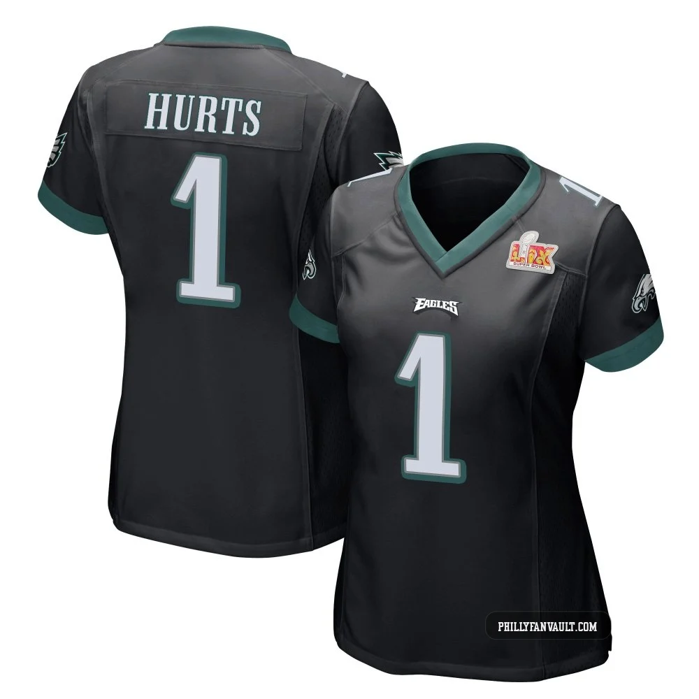 Women's Jalen Hurts ＃1 Philadelphia Eagles Black Game Alternate Super Bowl LIX Jersey