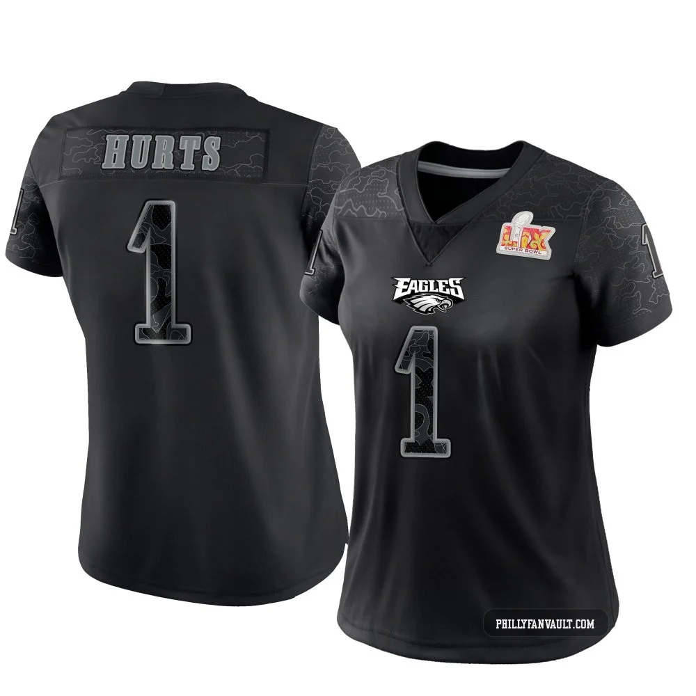 Women's Jalen Hurts ＃1 Philadelphia Eagles Black Limited Reflective Super Bowl LIX Jersey