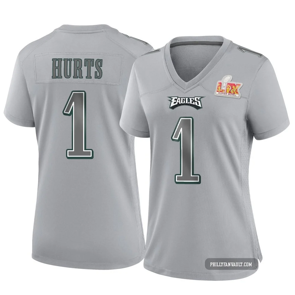 Women's Jalen Hurts ＃1 Philadelphia Eagles Gray Game Atmosphere Fashion Super Bowl LIX Jersey