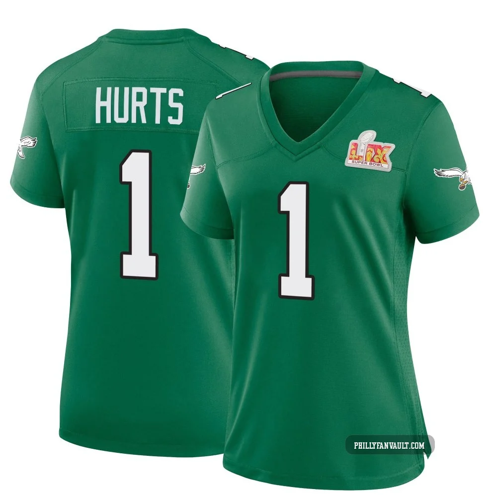 Women's Jalen Hurts ＃1 Philadelphia Eagles Green Game Kelly Alternate Super Bowl LIX Jersey