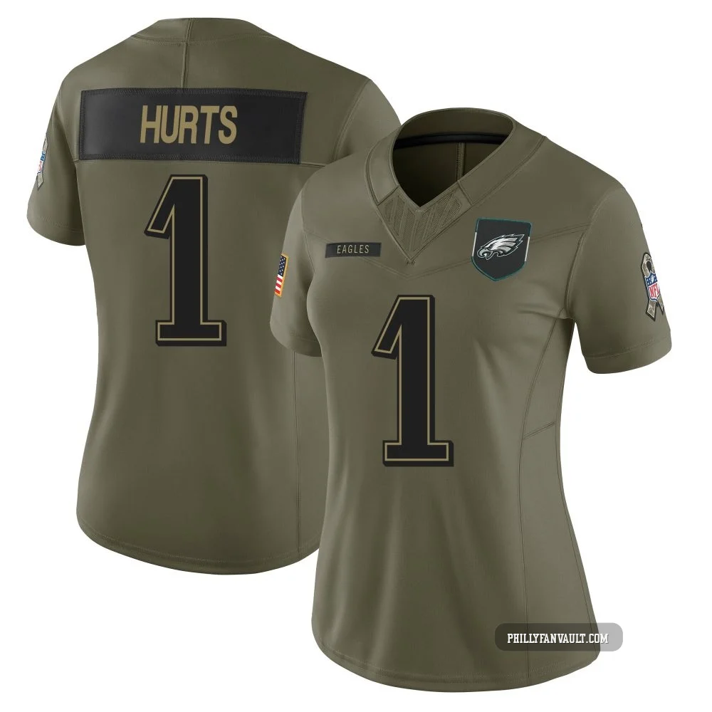 Women's Jalen Hurts ＃1 Philadelphia Eagles Olive Limited 2025 Salute to Service Jersey