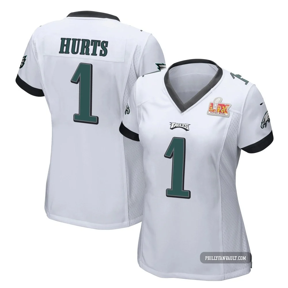 Women's Jalen Hurts ＃1 Philadelphia Eagles White Game Super Bowl LIX Jersey
