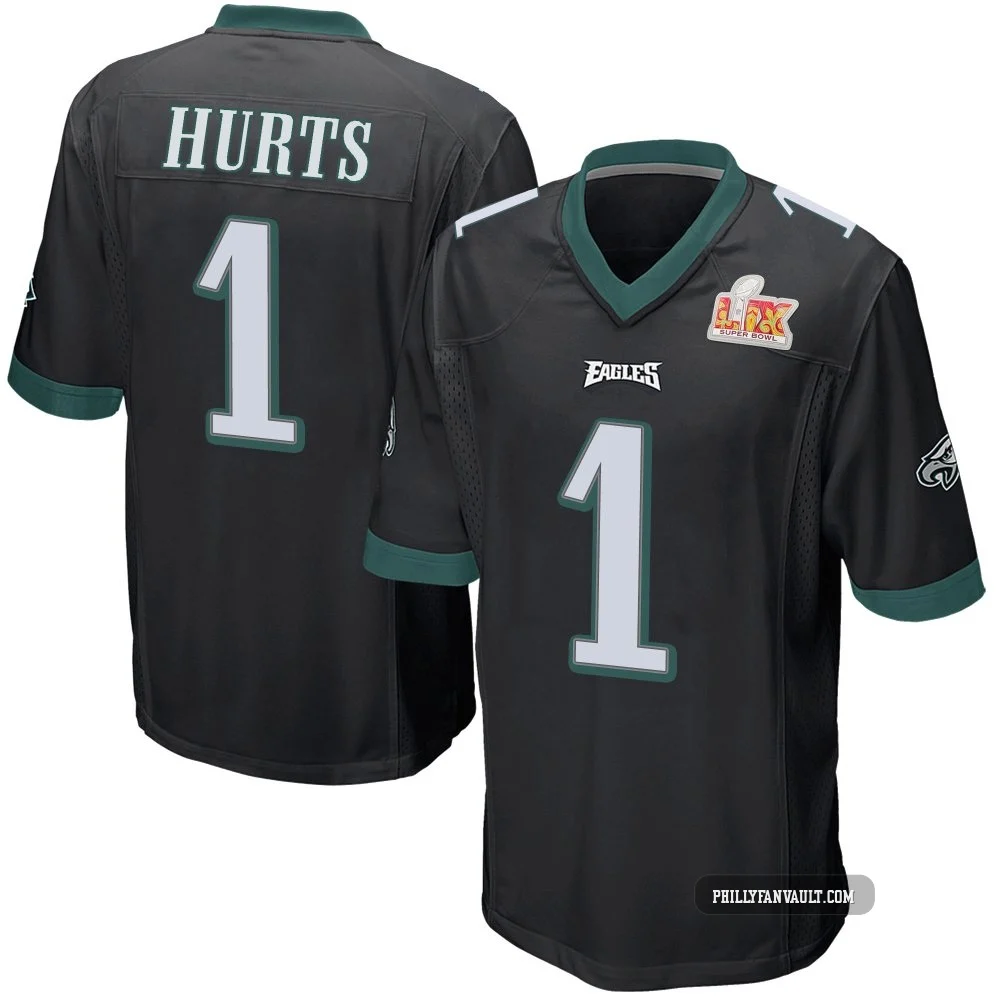 Youth Jalen Hurts ＃1 Philadelphia Eagles Black Game Alternate Super Bowl LIX Jersey