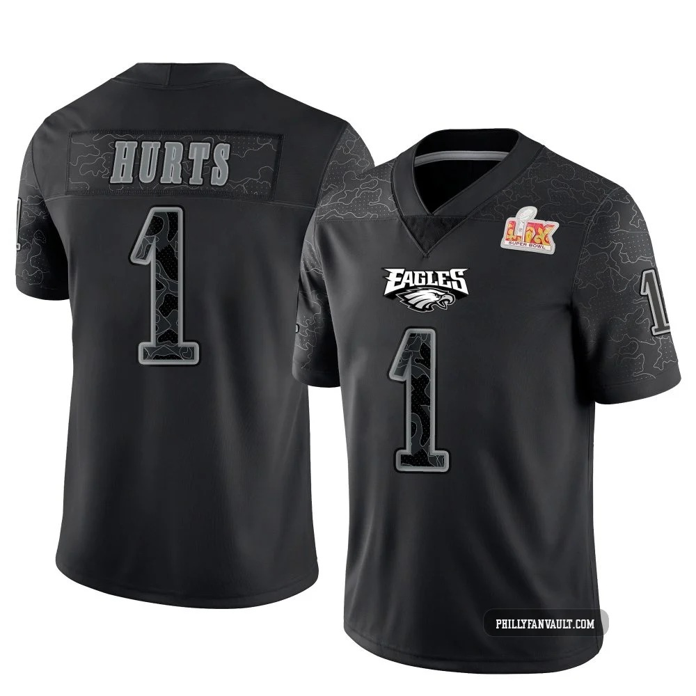 Youth Jalen Hurts ＃1 Philadelphia Eagles Black Limited Reflective Super Bowl LIX Jersey